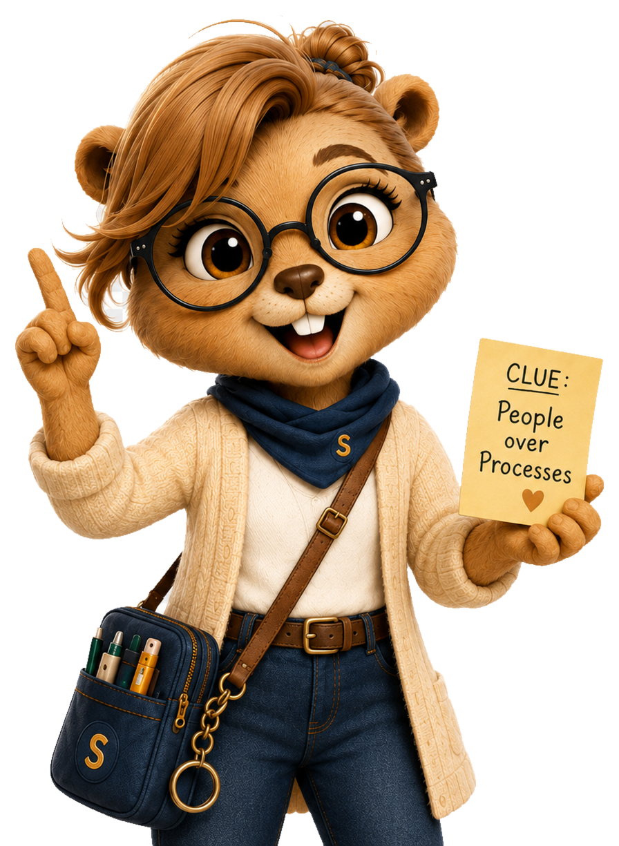 Snurpy holding up a clue card.